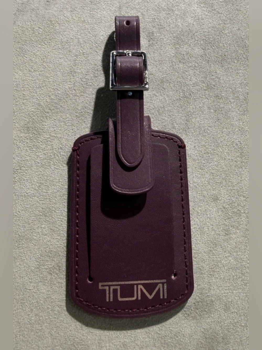 NEW Tumi 3.625” x 2.25” Leather Luggage Name Tag w/ Buckle - PURPLE